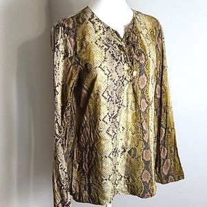 Michael Kors Beige, Gold & Black Snakeskin Print Top, Lace-up Front, Size Medium